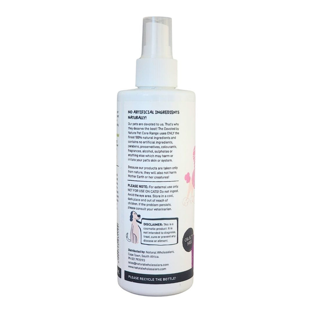 Devoted by Nature Go Flea! bottle showing the back label with “No Artificial Ingredients Naturally!” messaging and product care information.