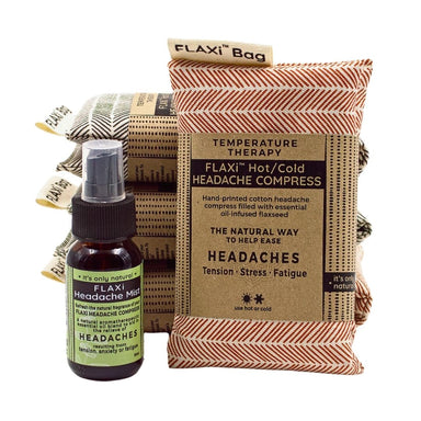 FLAXi Headache Mist and Hot/Cold Headache Compress for easing headaches, tension, stress and fatigue.