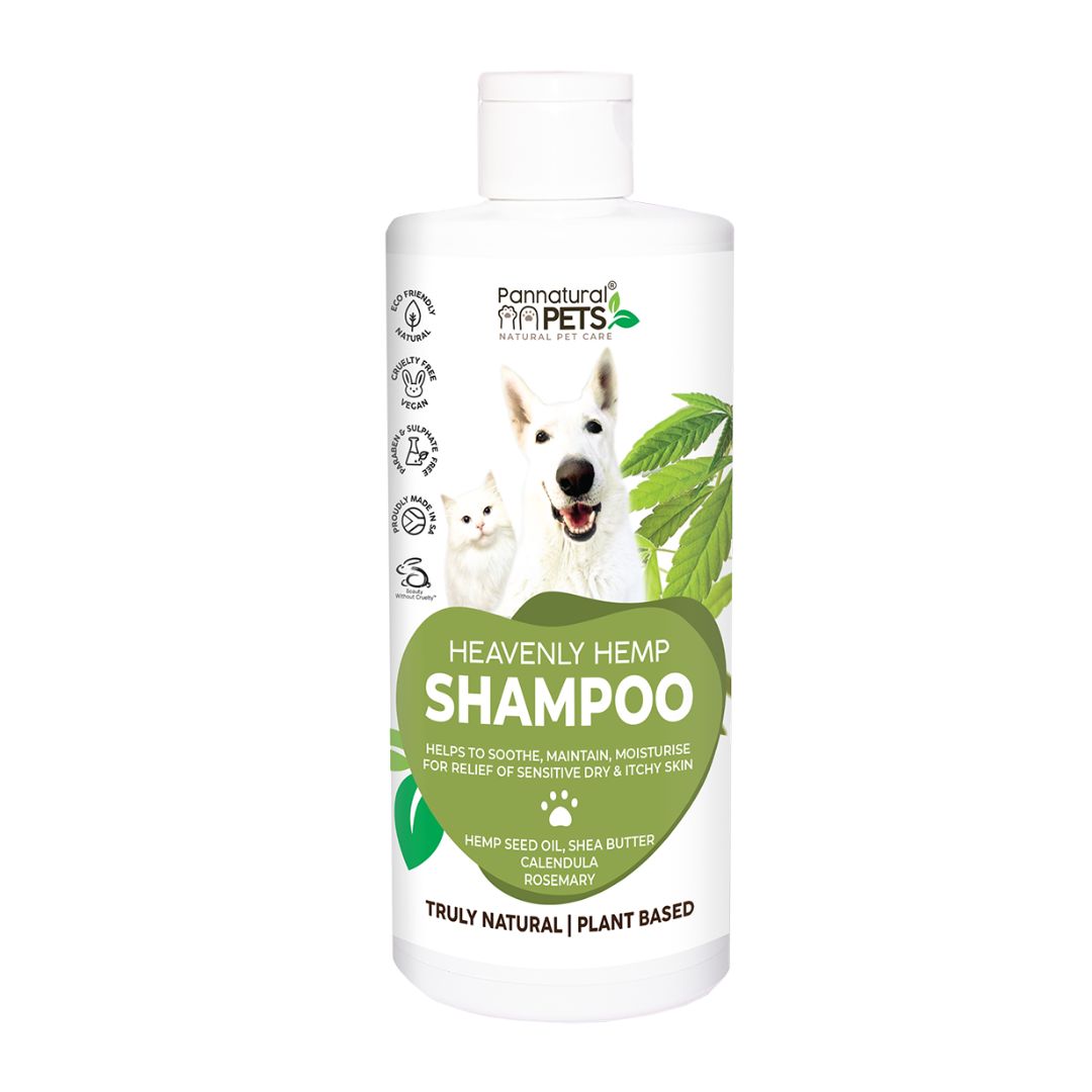 Hemp Shampoo for pets, natural and soothing care with hemp seed oil and rosemary for itchy, dry skin relief.