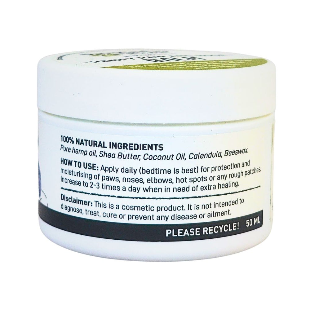 Devoted by Nature Hempy Paw and Nose Balm showing the ingredients label with directions for use and supplement facts.