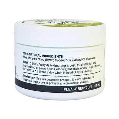 Devoted by Nature Hempy Paw and Nose Balm showing the ingredients label with directions for use and supplement facts.