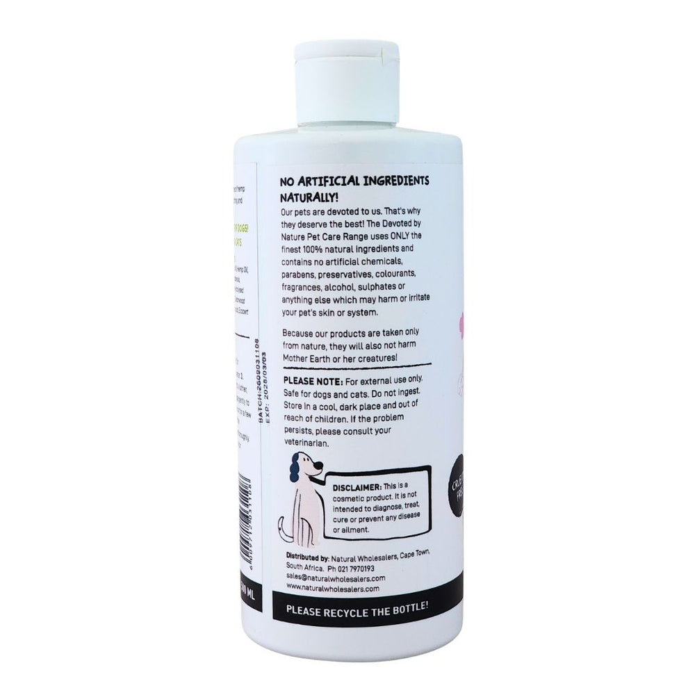 Devoted by Nature Anti-Itch Shampoo bottle showing the back label with “No Artificial Ingredients Naturally!” messaging and product care information.