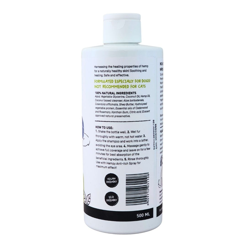 Devoted by Nature Anti-Itch Shampoo bottle showing the back label with 100% natural ingredients, usage instructions, and a reminder that the product is for external use only.