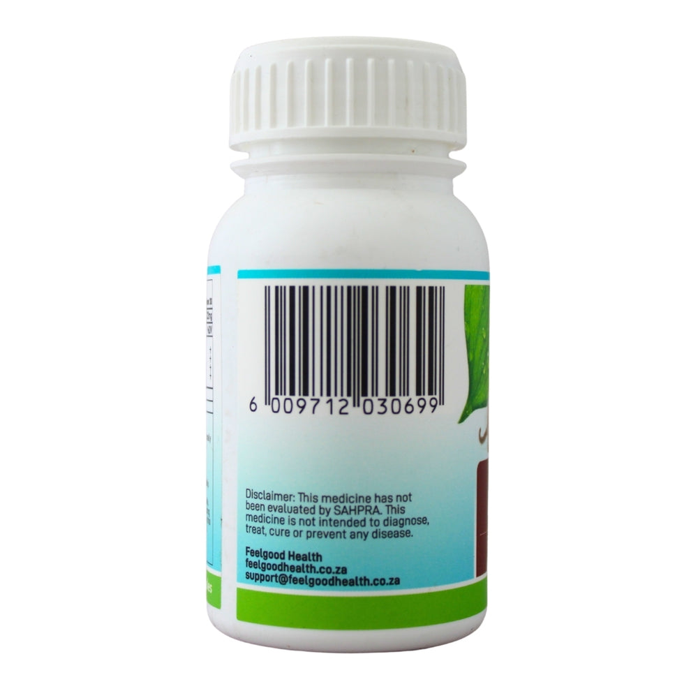 Feelgood Health Immunity & Liver Support bottle left view showing barcode and product information