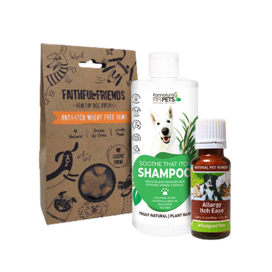 SAVE 20% No itchy doggies with this super-power trio: Anti Itch Wheat Free Yums + Allergy Itch Ease + Itch Relief Shampoo and Conditioner