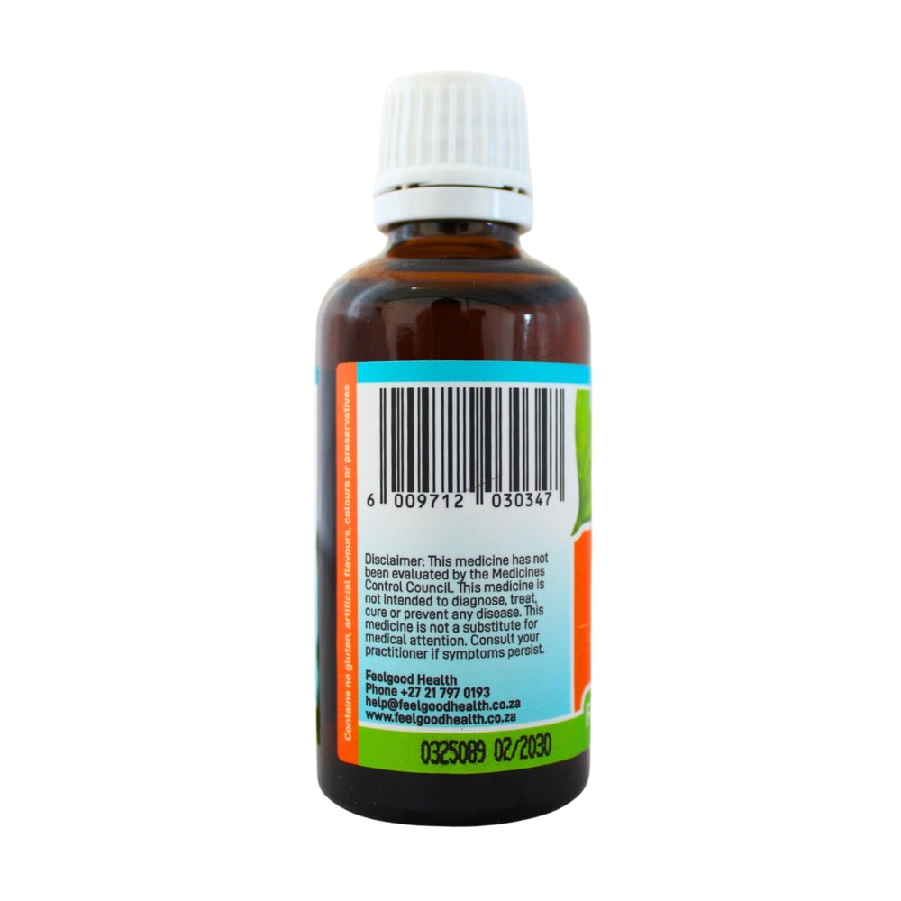 Feelgood Health Liver Thrive 50ml bottle left view showing barcode and product information