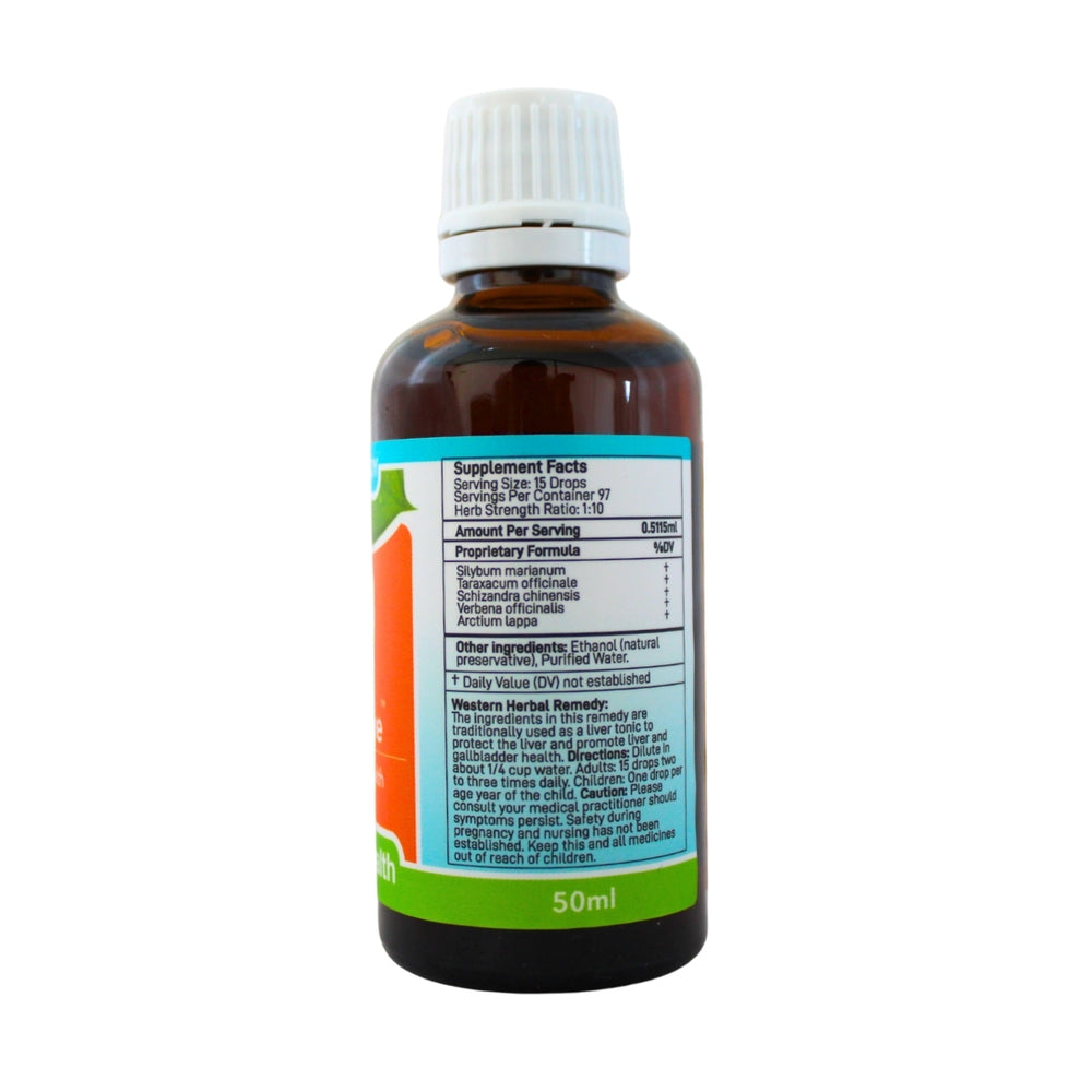 Feelgood Health Liver Thrive herbal tincture 50ml bottle showing the ingredients label with directions for use and supplement facts.