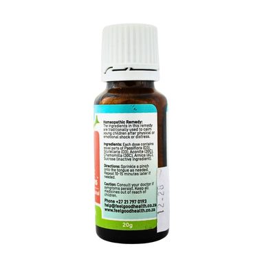 Feelgood Health Trauma Sprinkles bottle showing the ingredients label with directions for use and supplement facts.