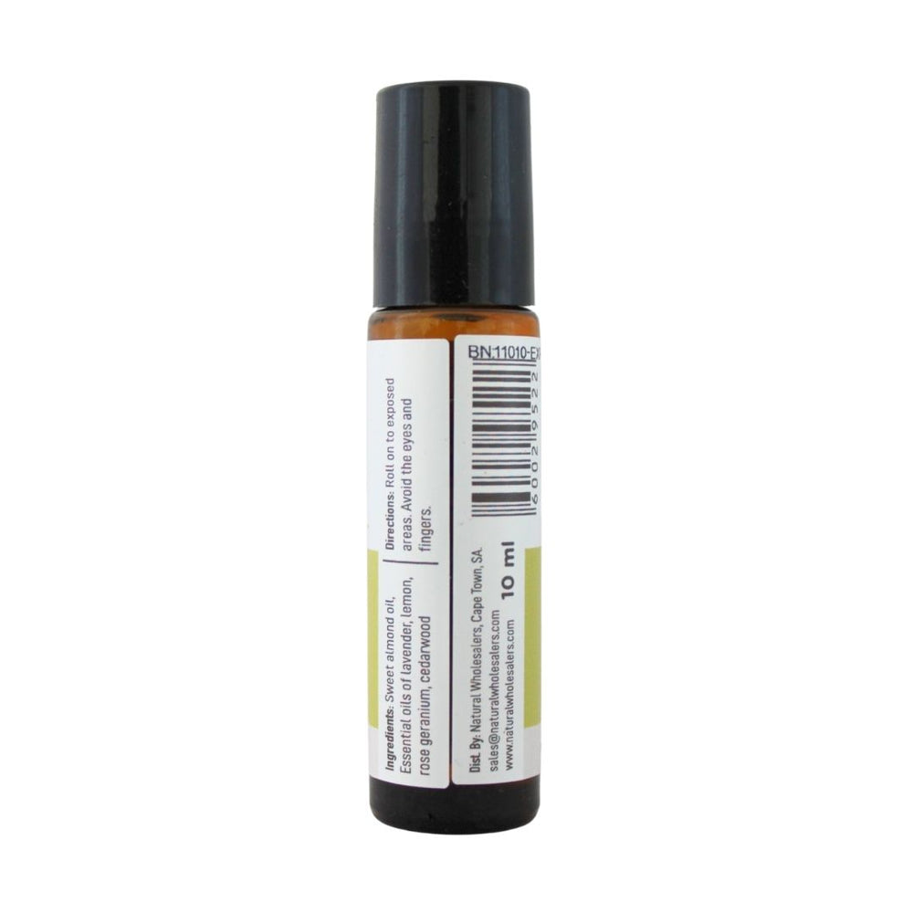 BabyNature No Bugs 10ml roll-on showing ingredients, directions, barcode and distributor details.