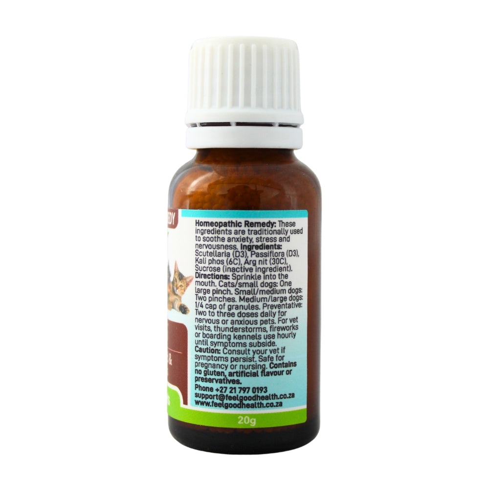 Feelgood Health PetCalm bottle showing the ingredients label with directions for use and supplement facts.