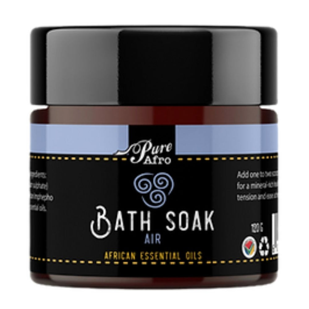 Aromatherapy bath soak Pure Afro Air blend for stress relief and relaxation.