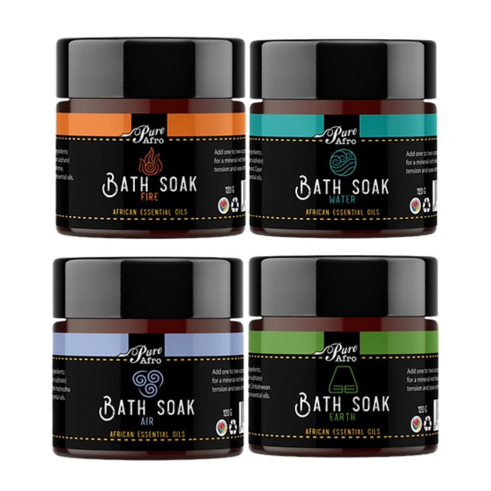 Pure Afro Bath Soak set with Fire, Water, Air, and Earth variants - bath soak combo for every mood.
