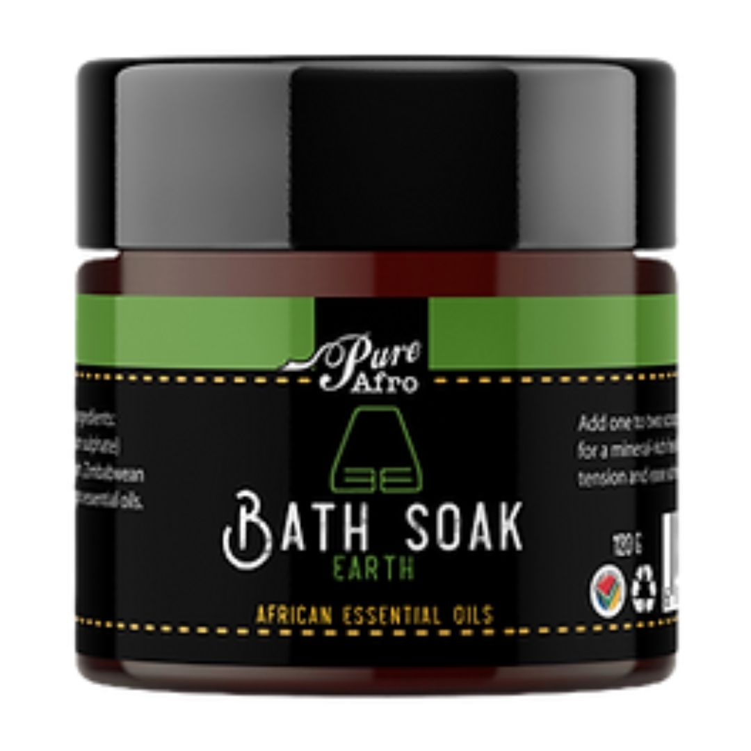 Pure Afro Bath Soak Earth – mineral-rich bath salts infused with African essential oils for relaxation, tension relief, and skin nourishment
