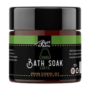 Pure Afro Bath Soak Earth – mineral-rich bath salts infused with African essential oils for relaxation, tension relief, and skin nourishment