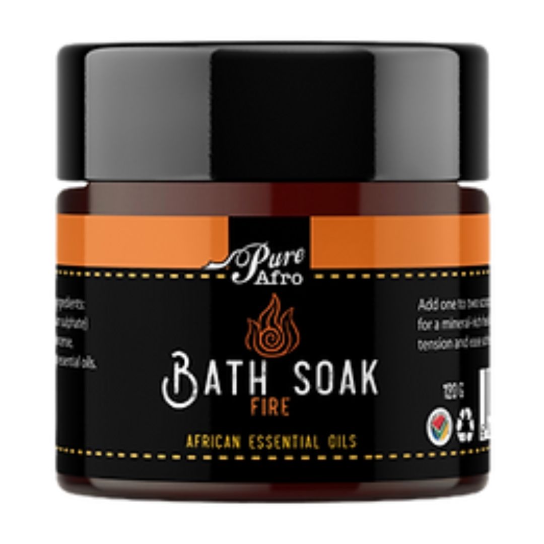 Pure Afro Fire Bath Soak featuring African essential oils in an amber jar with orange label.