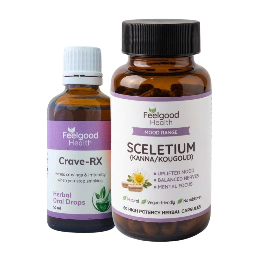 Bottle of Feelgood Health Sceletium (Kanna/Kougoud) next to a bottle of Feelgood Health Crave-RX