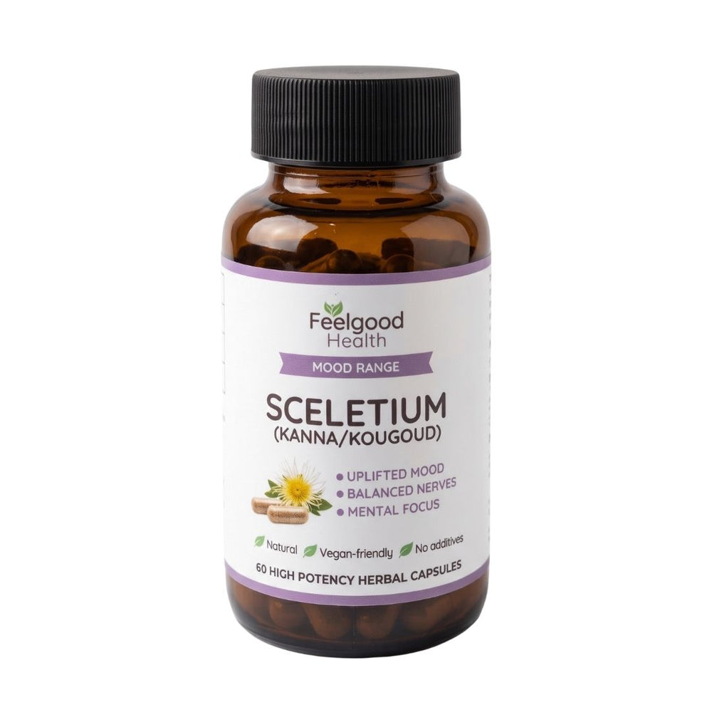 Feelgood Health Sceletium (Kanna/Kougoud) Mood Range amber glass bottle containing 60 high potency herbal capsules.