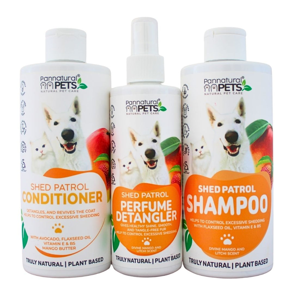 Natural pet grooming range with shed-control shampoo, conditioner, and detangling spray for a healthy, shiny coat 