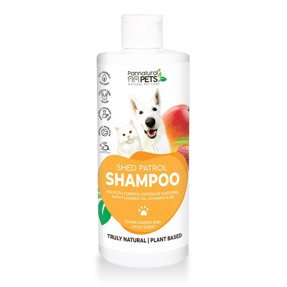 Natura Pet Shed Patrol Mango Shampoo (495ml) adds shine to your pet's coat while helping to de-shed excess hair for beautifully conditioned coats!