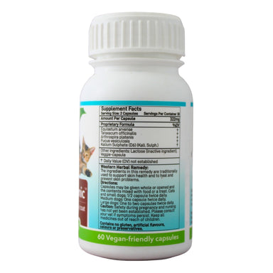 Feelgood Health Skin & Coat Tonic bottle showing the ingredients label with directions for use and supplement facts.