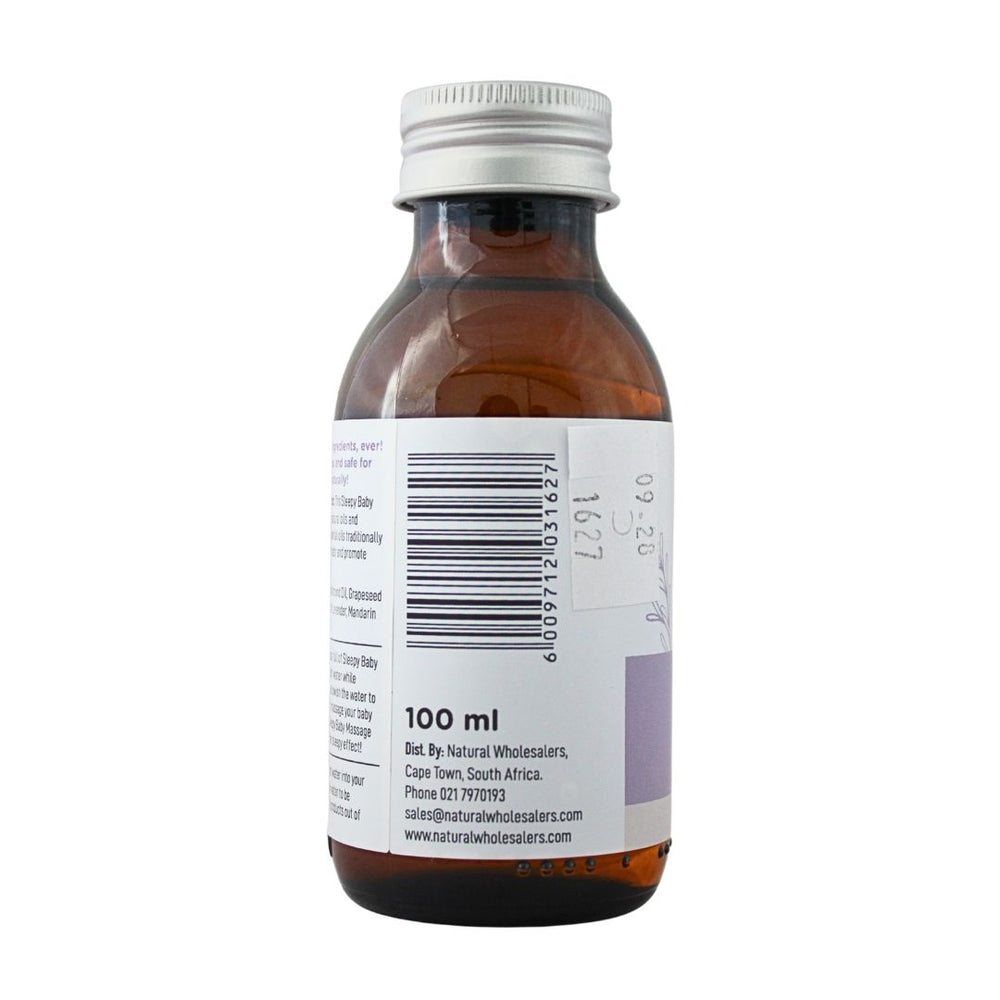BabyNature Sleepy Baby Bath Oil label, showing the barcode and distributor information.