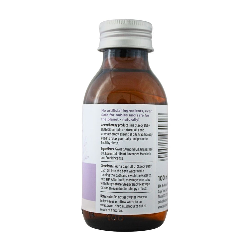 BabyNature Baby Bath Oil showing ingredients, directions, and claims that it contains no artificial ingredients and is safe for babies.
