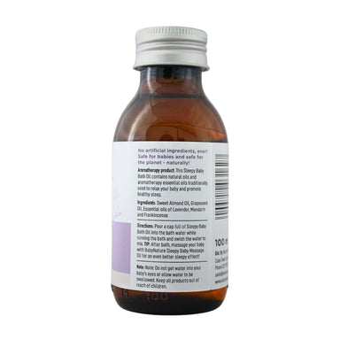 BabyNature Baby Bath Oil showing ingredients, directions, and claims that it contains no artificial ingredients and is safe for babies.