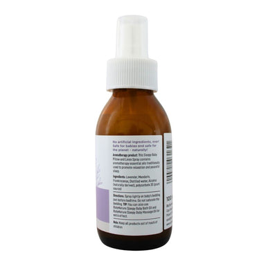 BabyNature Sleepy Baby Linen Spray bottle showing ingredients, directions, and claims that it contains no artificial ingredients and is safe for babies.