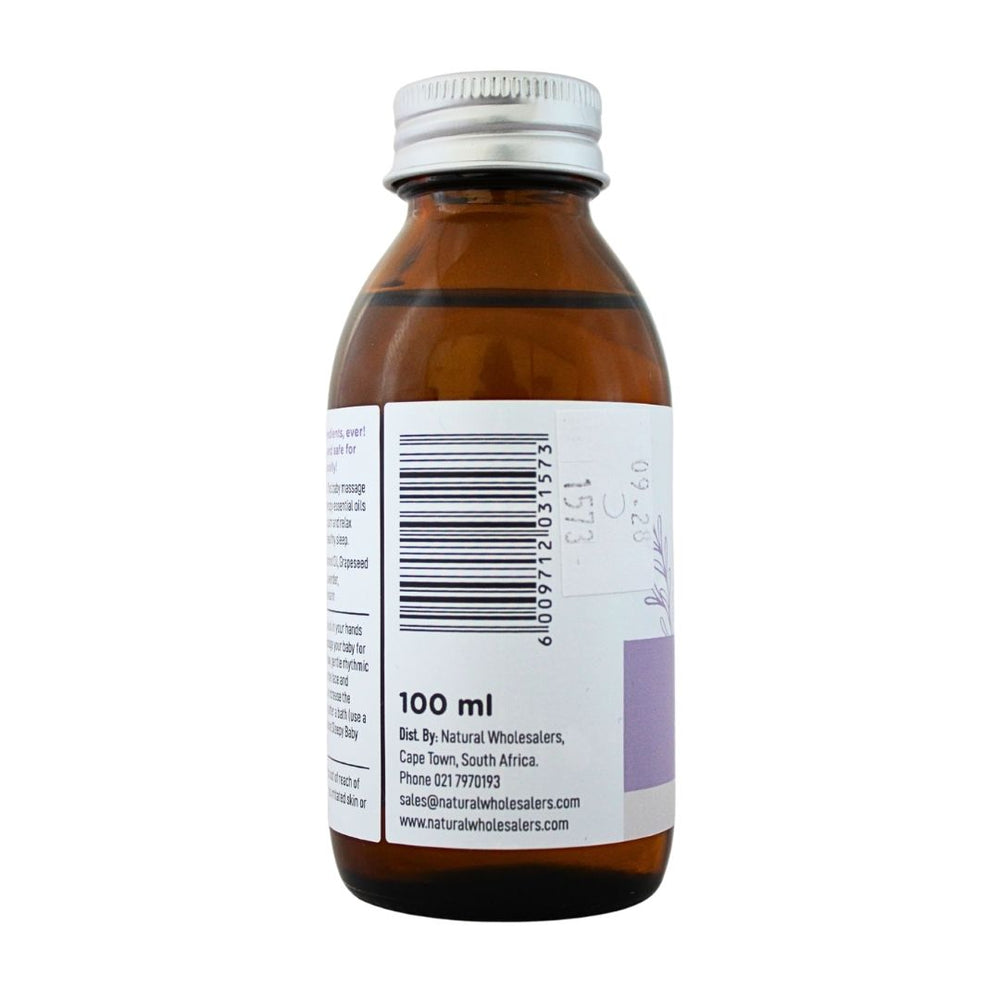 BabyNature Sleepy Massage Oil label, showing the barcode and distributor details 