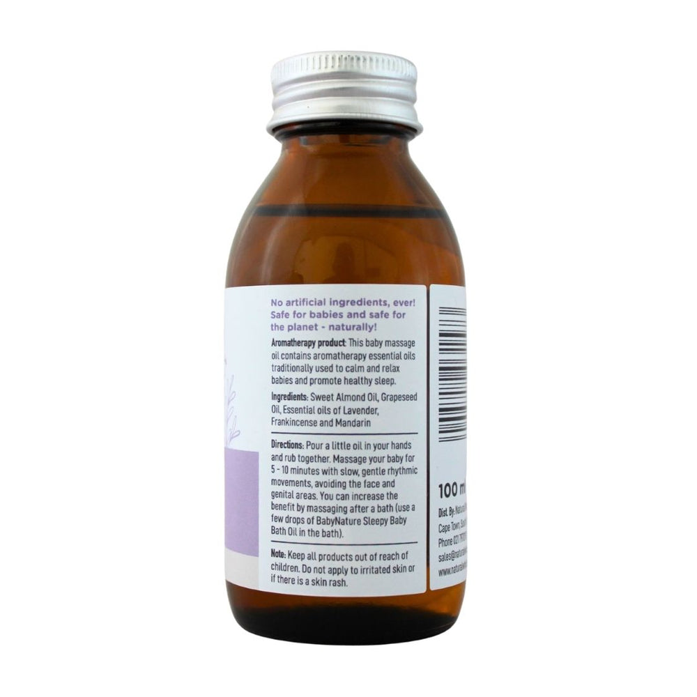 BabyNature Sleepy Massage Oil Bottle showing ingredients, directions, and claims that it contains no artificial ingredients and is safe for babies.