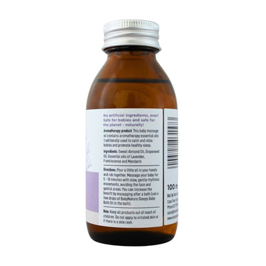 BabyNature Sleepy Massage Oil Bottle showing ingredients, directions, and claims that it contains no artificial ingredients and is safe for babies.