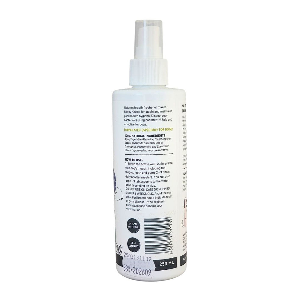 Devoted by Nature Slurpy Kisses Breath Spray bottle showing the back label with ingredients, usage instructions, and a reminder that the product is for external use only.