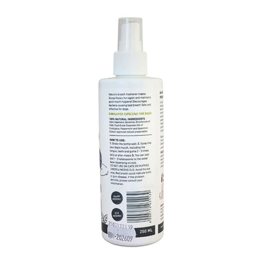 Devoted by Nature Slurpy Kisses Breath Spray bottle showing the back label with ingredients, usage instructions, and a reminder that the product is for external use only.