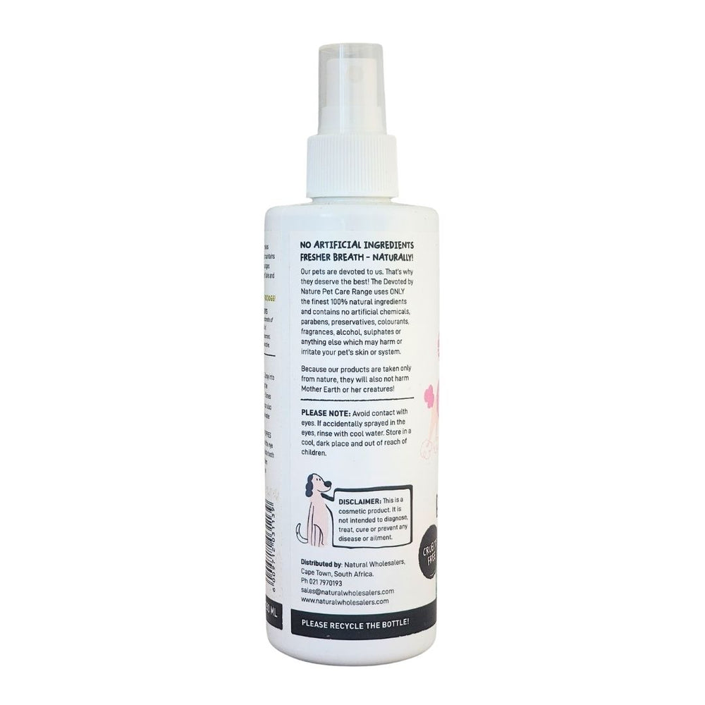 Devoted by Nature Slurpy Kisses Breath Spray bottle showing the back label with “No Artificial Ingredients Naturally!” messaging and product care information.