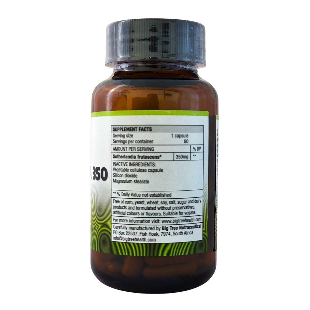 Big Tree Sutherlandia 350 ingredients list showing vegan friendly sugar free and preservative free supplement facts