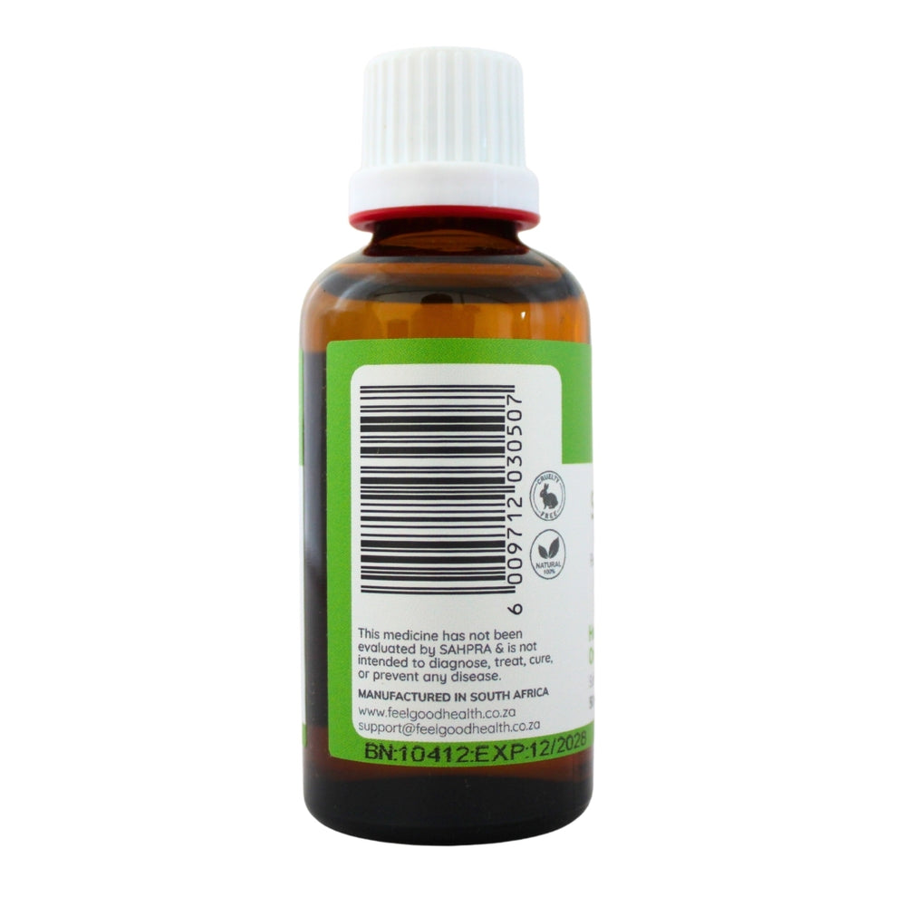 Feelgood Health Sweat-Less 50ml bottle left view showing barcode and product information