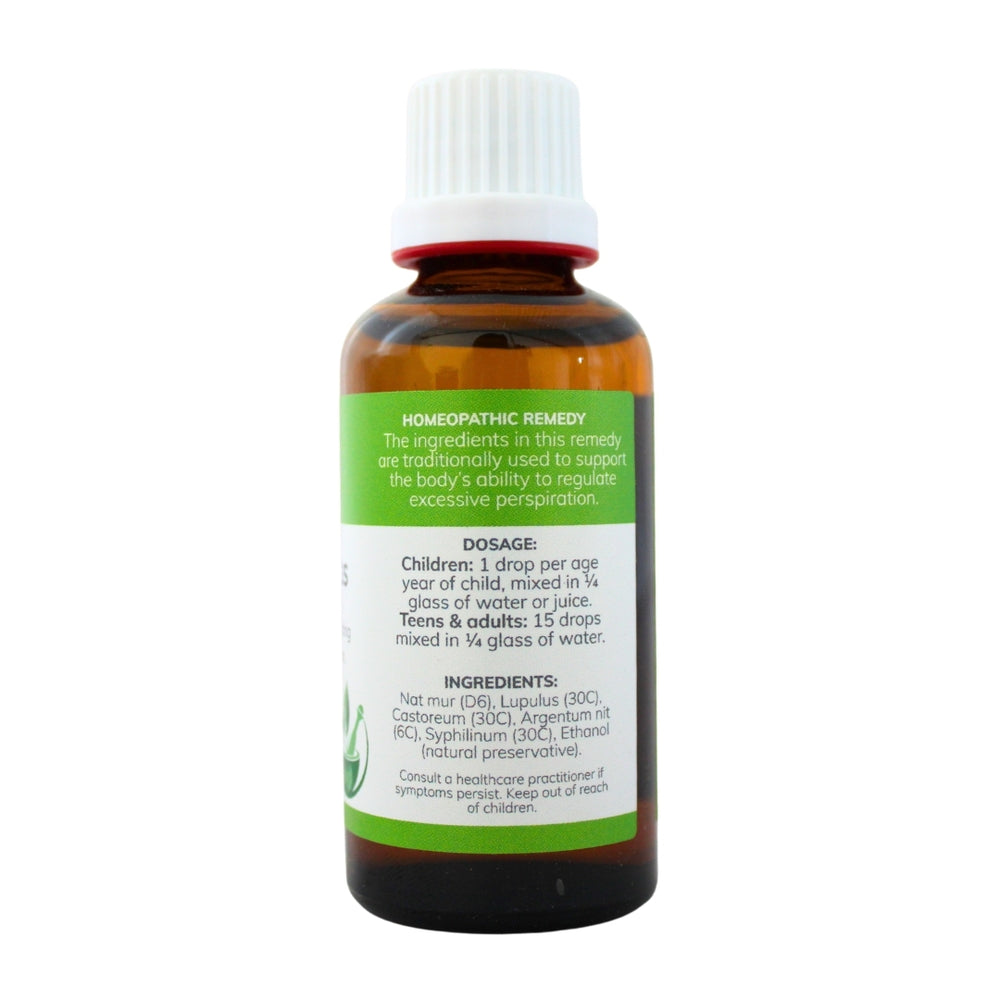Feelgood Health Sweat-Less herbal tincture 50ml bottle showing the ingredients label with directions for use and supplement facts.