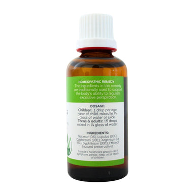 Feelgood Health Sweat-Less herbal tincture 50ml bottle showing the ingredients label with directions for use and supplement facts.