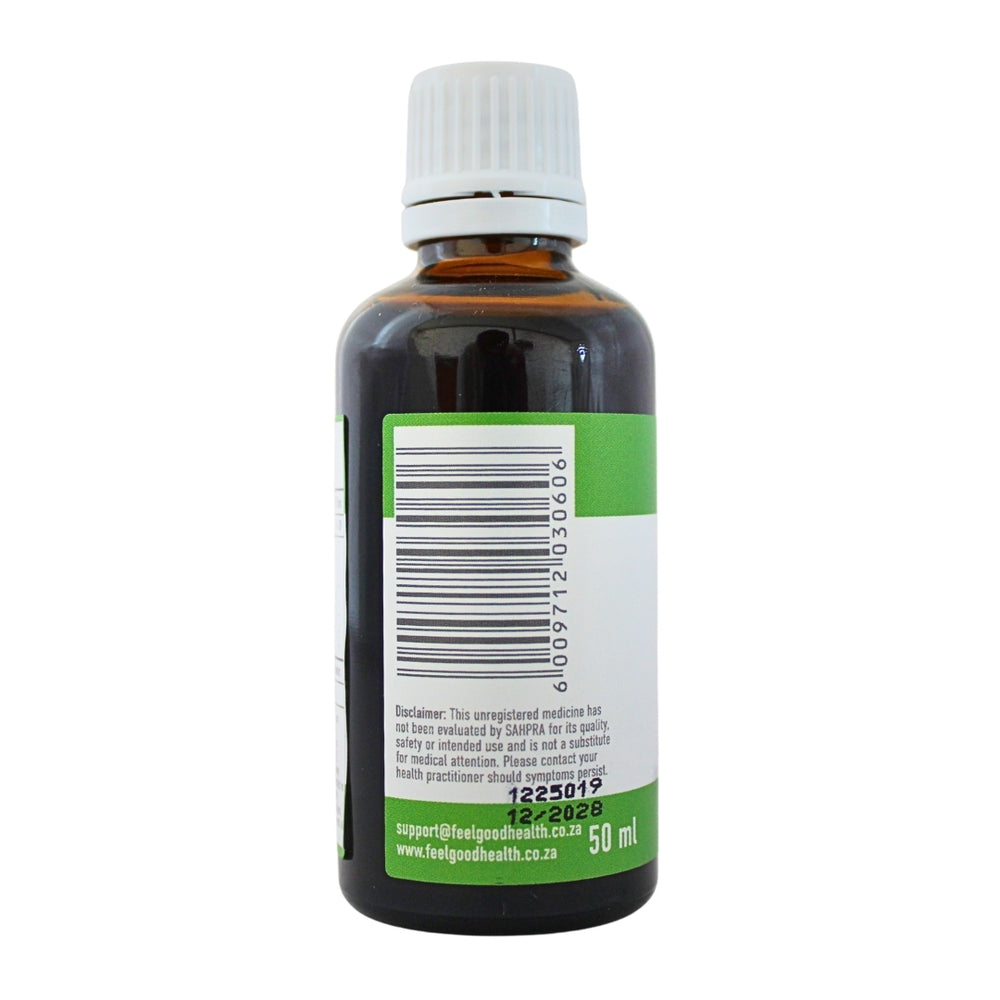 Feelgood Health UTI Clear herbal tincture 50ml bottle showing the label with barcode and product information.