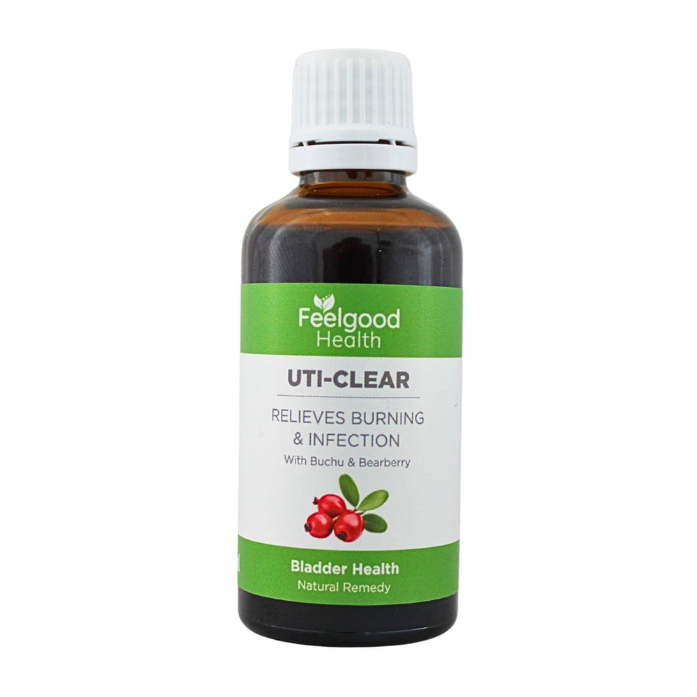 A bottle of UTI-Clear herbal medicine for bladder infections with the label showing 'Natural Remedy' and the brand Feelgood Health.
