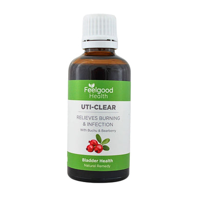 A bottle of UTI-Clear herbal medicine for bladder infections with the label showing 'Natural Remedy' and the brand Feelgood Health.