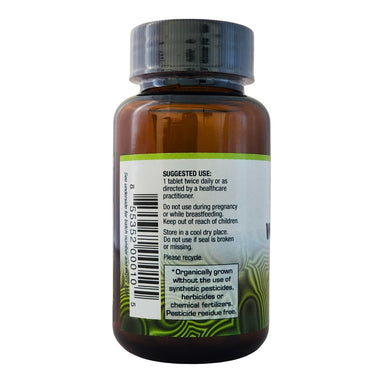 Side view of Big Tree Warburgia supplement bottle showing organically grown directions and pesticide-free guarantee