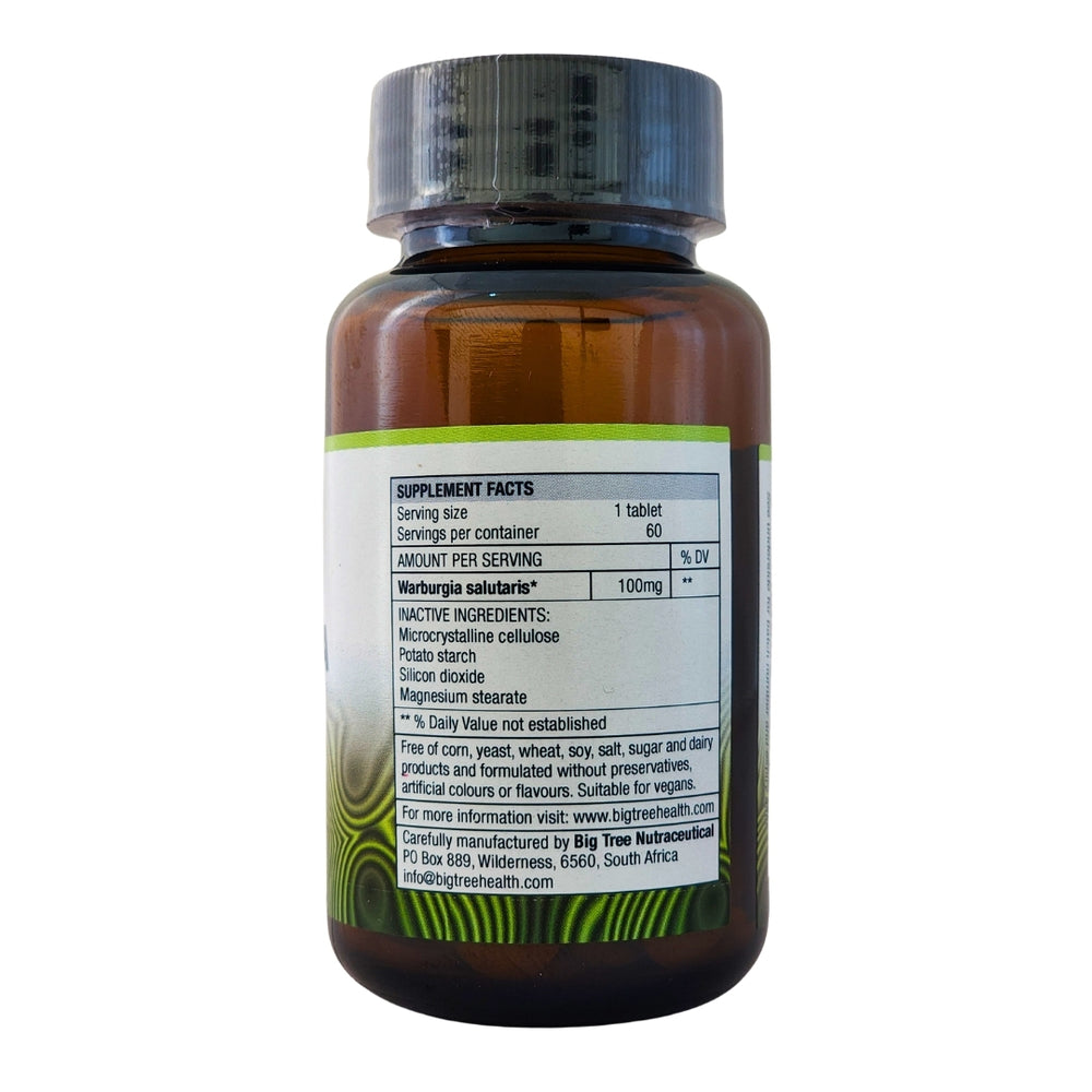 Supplement facts for Big Tree Warburgia salutaris 100mg tablets showing vegan and allergen-free ingredients