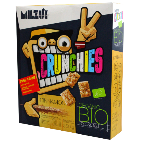 Milzu Organic Organic Cereal Crunchies with Cinnamon (250g) are made with rye and oatmeal cereal, GMO-free!