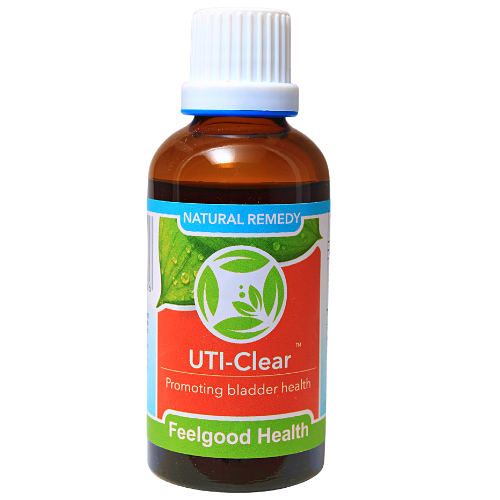 A bottle of UTI-Clear herbal medicine for bladder infections with the label showing 'Natural Remedy' and the brand Feelgood Health.