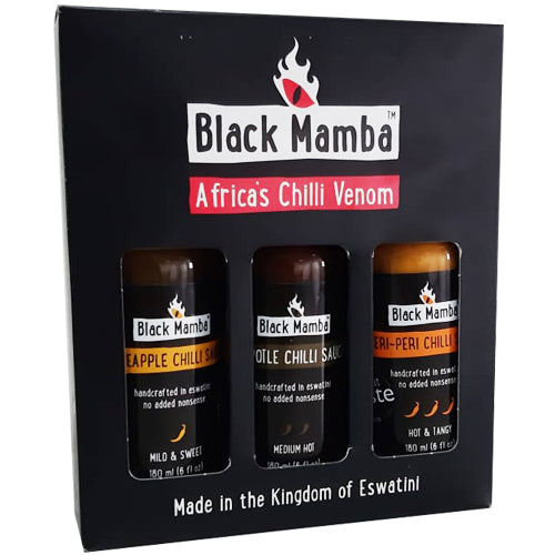 Black Mamba Africa's Chili Venom Gift Pack (3 x 180ml) Pinapple chilli sauce, Chipotle Chilli sauce, Peri-Peri Chilli sauce