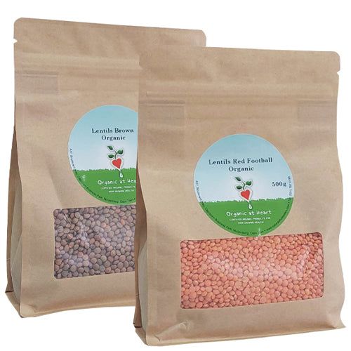   Organic At Heart 100% Organic Red Lentils (500g) and 100% Organic Brown Lentils (500g) are healthy, vegan, plant protein legumes.