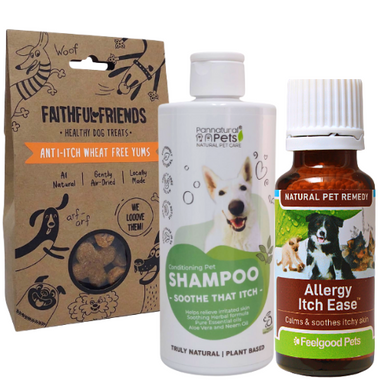 SAVE 20% No itchy doggies with this super-power trio: Anti Itch Wheat Free Yums + Allergy Itch Ease + Itch Relief Shampoo and Conditioner
