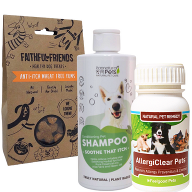 SAVE 20% No itchy doggies with this super-power trio: Anti Itch Wheat Free Yums + Allergy Clear Pets + Anti-Itch Shampoo and Conditioner