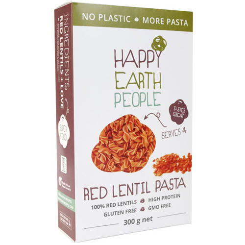 Happy Earth People Red Lentil Fusilli Pasta is gluten-free made with 100% Red Lentils.